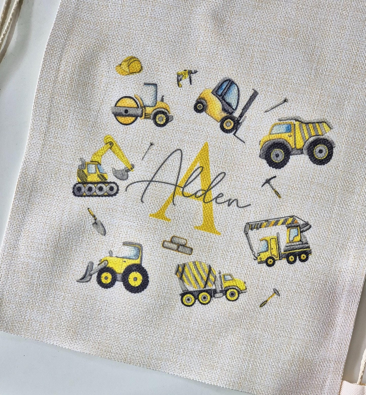 Personalised Digger Drawstring Bag – Construction Theme Kids Bag | PE, School & Swimming