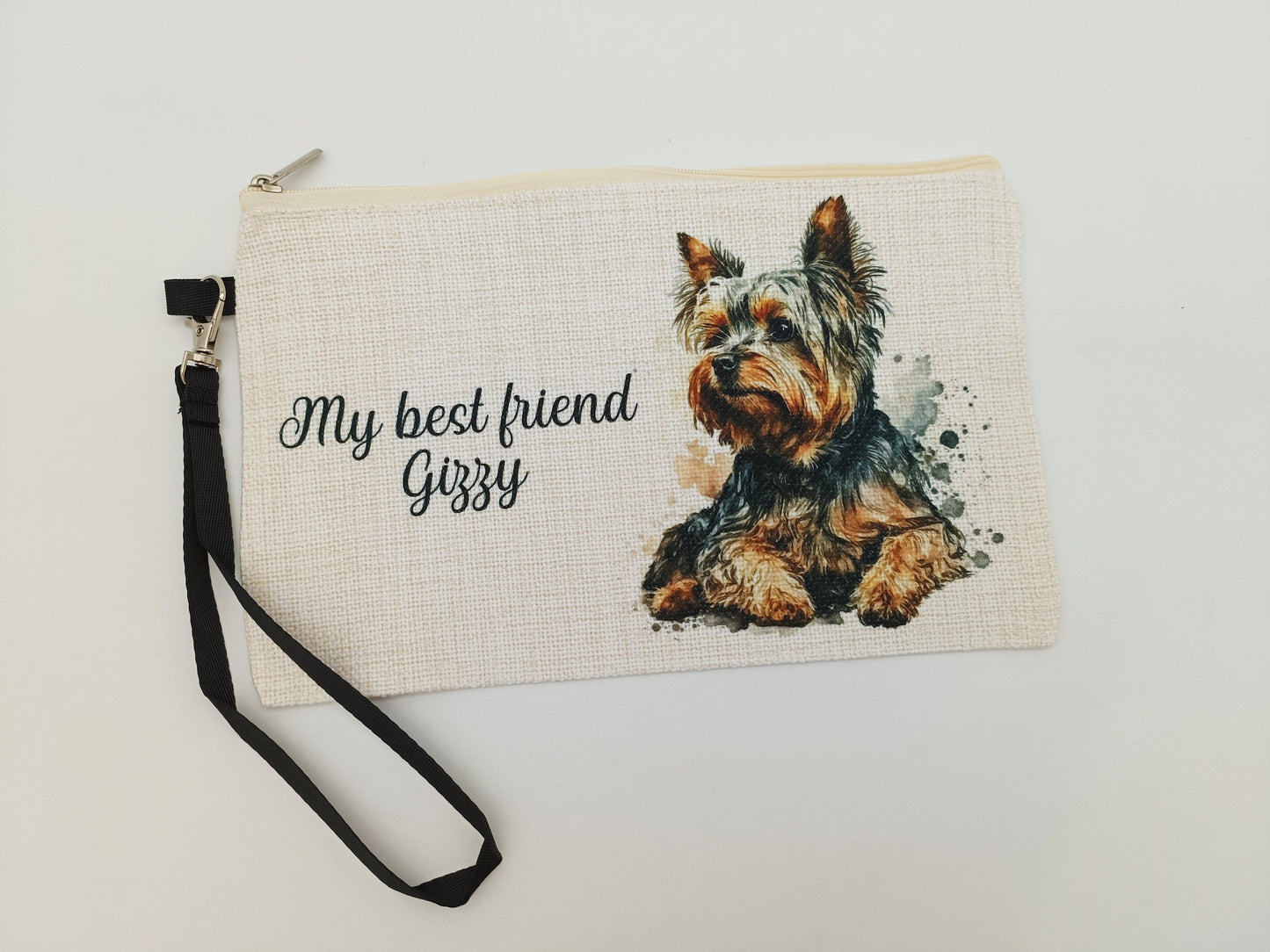 Personalised Yorkshire Terrier Makeup Bag – Custom Linen Pouch with Strap