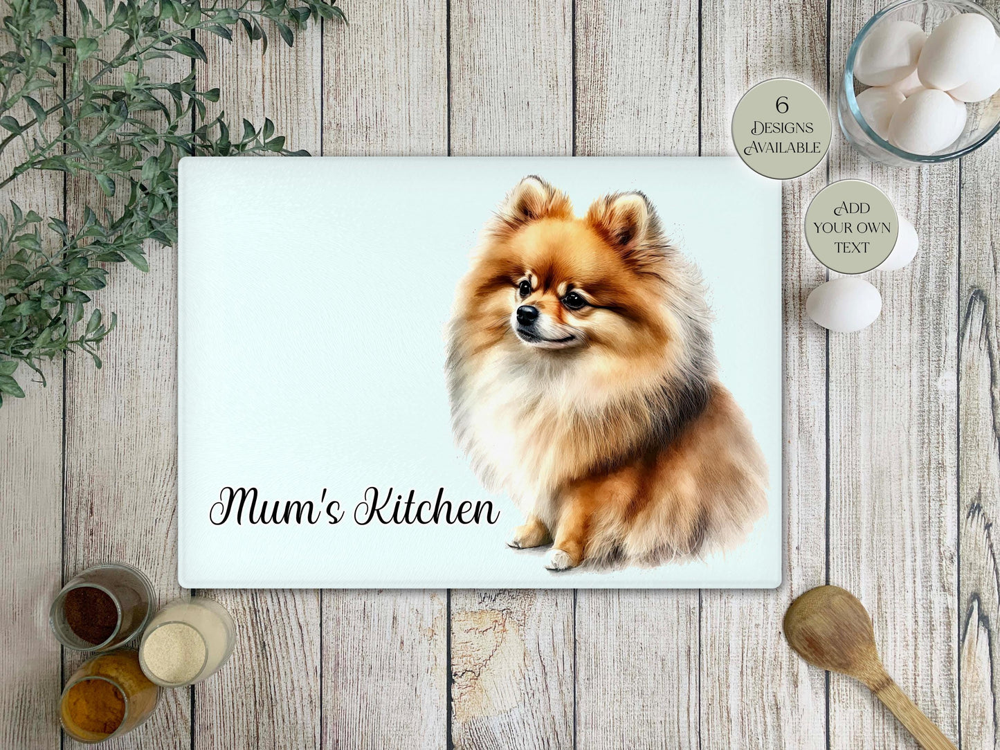 Personalised Pomeranian Glass Chopping Board – Watercolour Dog Kitchen Gift