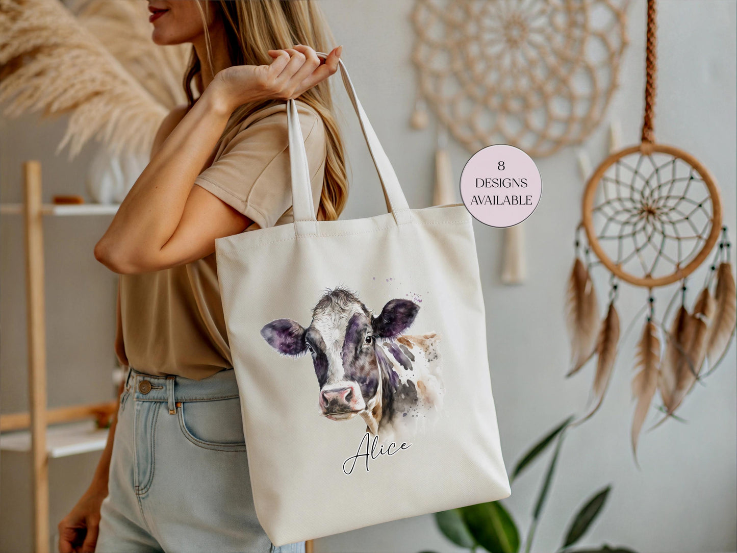 Personalised Watercolour Cow Tote Bag – Farmhouse Animal Lover Gift | Reusable Eco Shopper