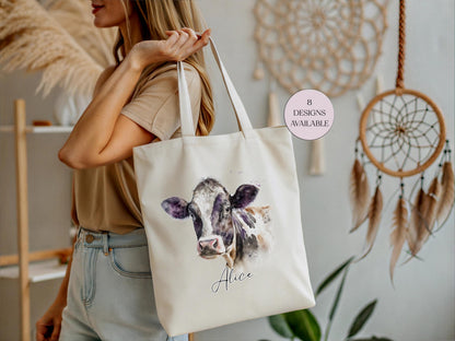 Personalised Watercolour Cow Tote Bag – Farmhouse Animal Lover Gift | Reusable Eco Shopper