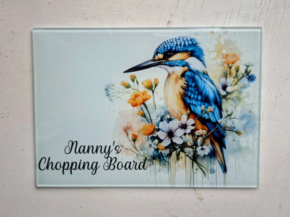 Personalised Kingfisher Glass Chopping Board | Bird Lover Kitchen Gift