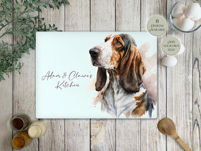 Personalised Basset Hound Glass Chopping Board | A3 or A4 | Dog Lover Gift
