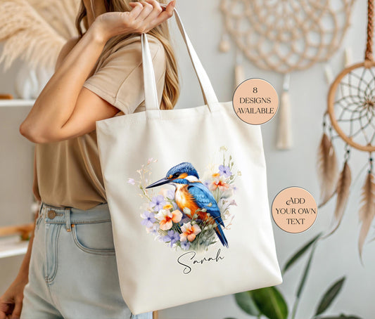 Personalised Watercolour Kingfisher Tote Bag – Bird Lover Gift | Reusable Eco Shopper