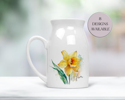 Personalised Watercolour Daffodil Milk Jug – Floral Vase & Mum Gift