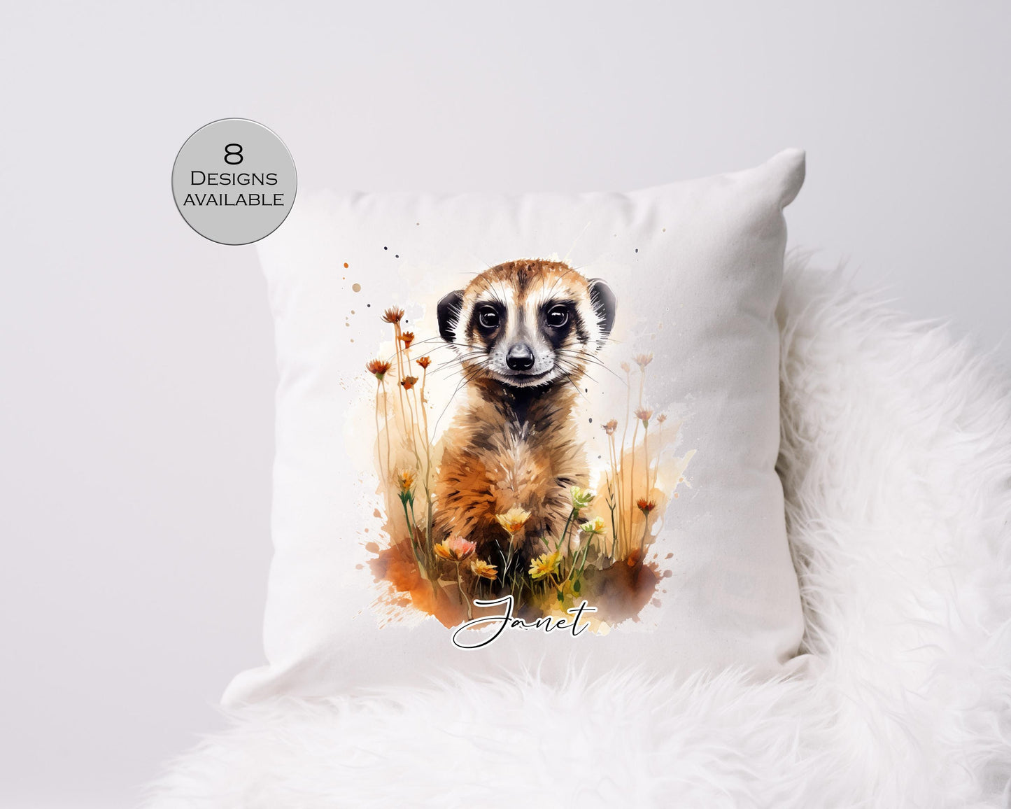 Personalised Watercolour Floral Meerkat Cushion | Custom Name Gift | Meerkat Lover Pillow