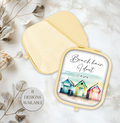 Personalised Beach Hut Compact Mirror | Rose Gold or Yellow Gold | Custom Gift for Her