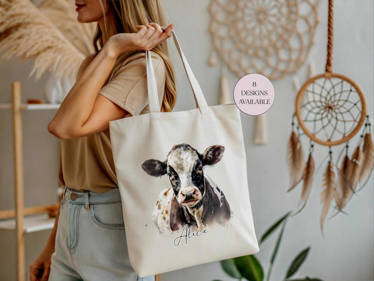 Personalised Watercolour Cow Tote Bag – Farmhouse Animal Lover Gift | Reusable Eco Shopper