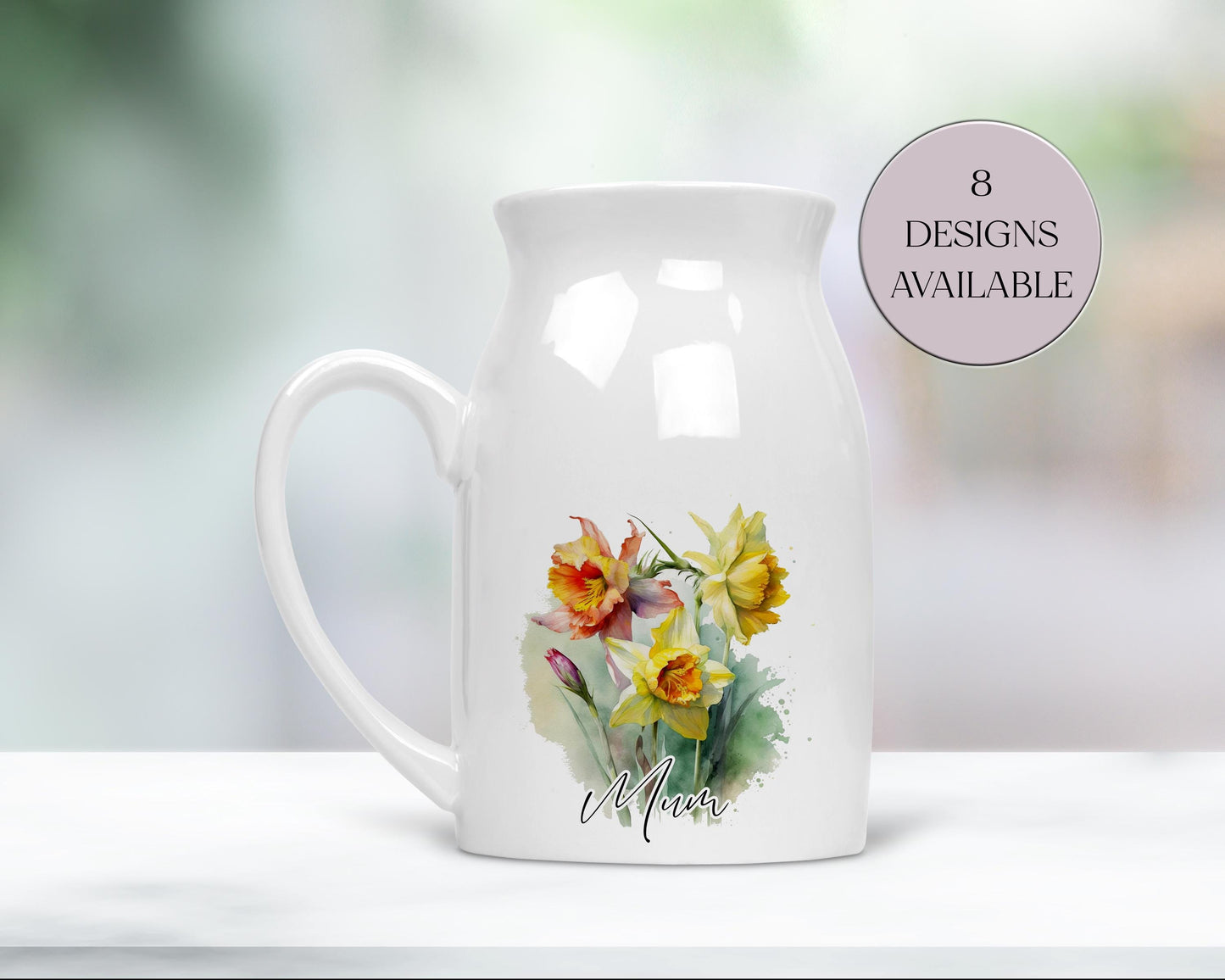 Personalised Watercolour Daffodil Milk Jug – Floral Vase & Mum Gift