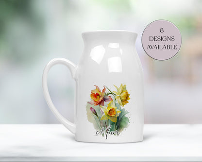 Personalised Watercolour Daffodil Milk Jug – Floral Vase & Mum Gift