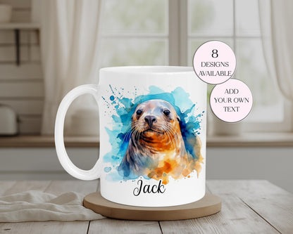 Personalised Watercolour Seal Mug & Coaster Set – Coastal Animal Gift