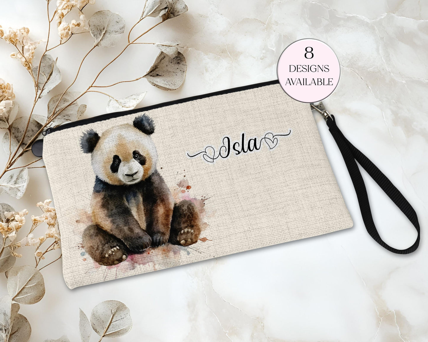 Personalised Panda Bear Makeup Bag – Custom Linen Pouch with Strap