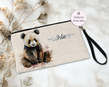 Personalised Panda Bear Makeup Bag – Custom Linen Pouch with Strap