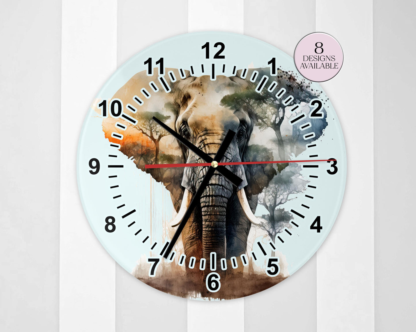 Watercolour Elephant Wall Clock | Glass  | Elephant Lover Gift