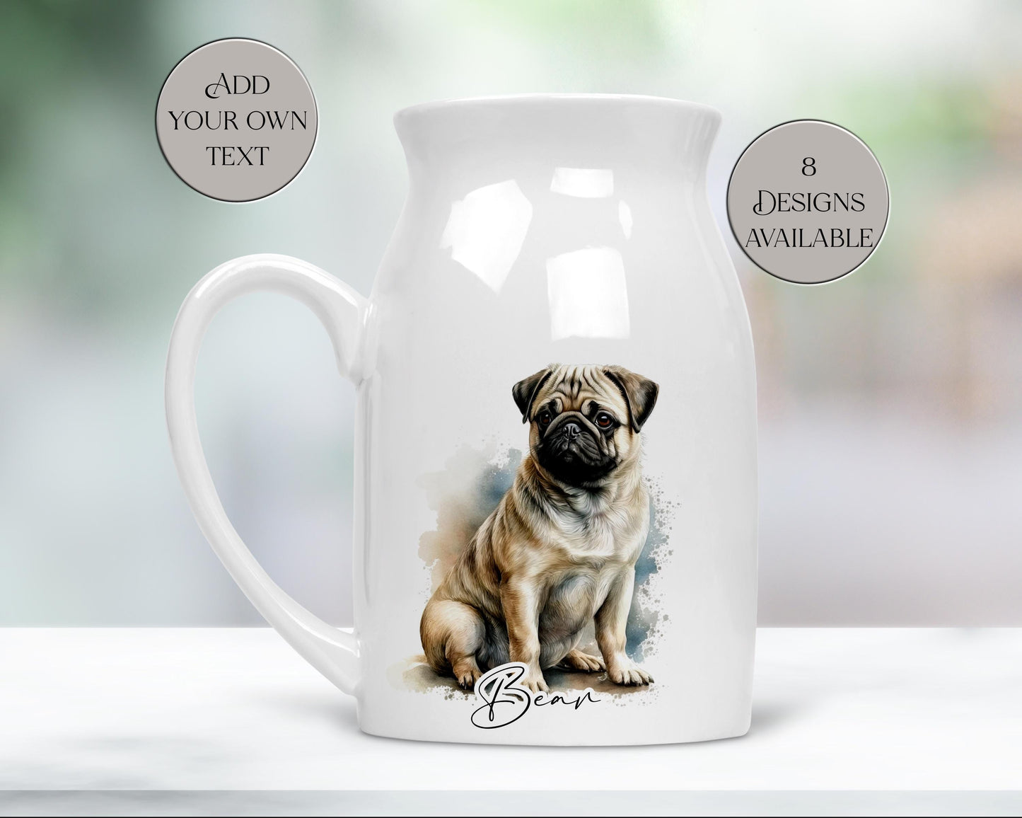 Personalised Watercolour Pug Milk Jug | Flower Vase | Pug Lover Gift