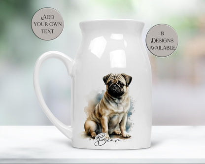 Personalised Watercolour Pug Milk Jug | Flower Vase | Pug Lover Gift