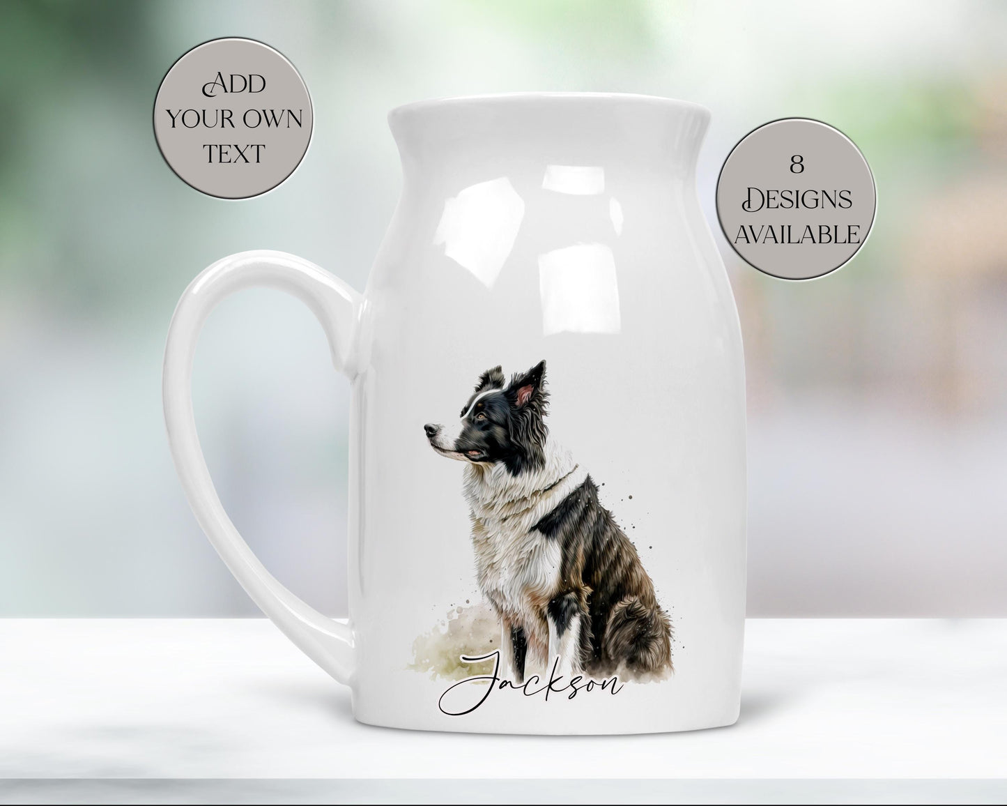 Personalised Watercolour Border Collie Milk Jug – Dog Lover Gift & Flower Vase
