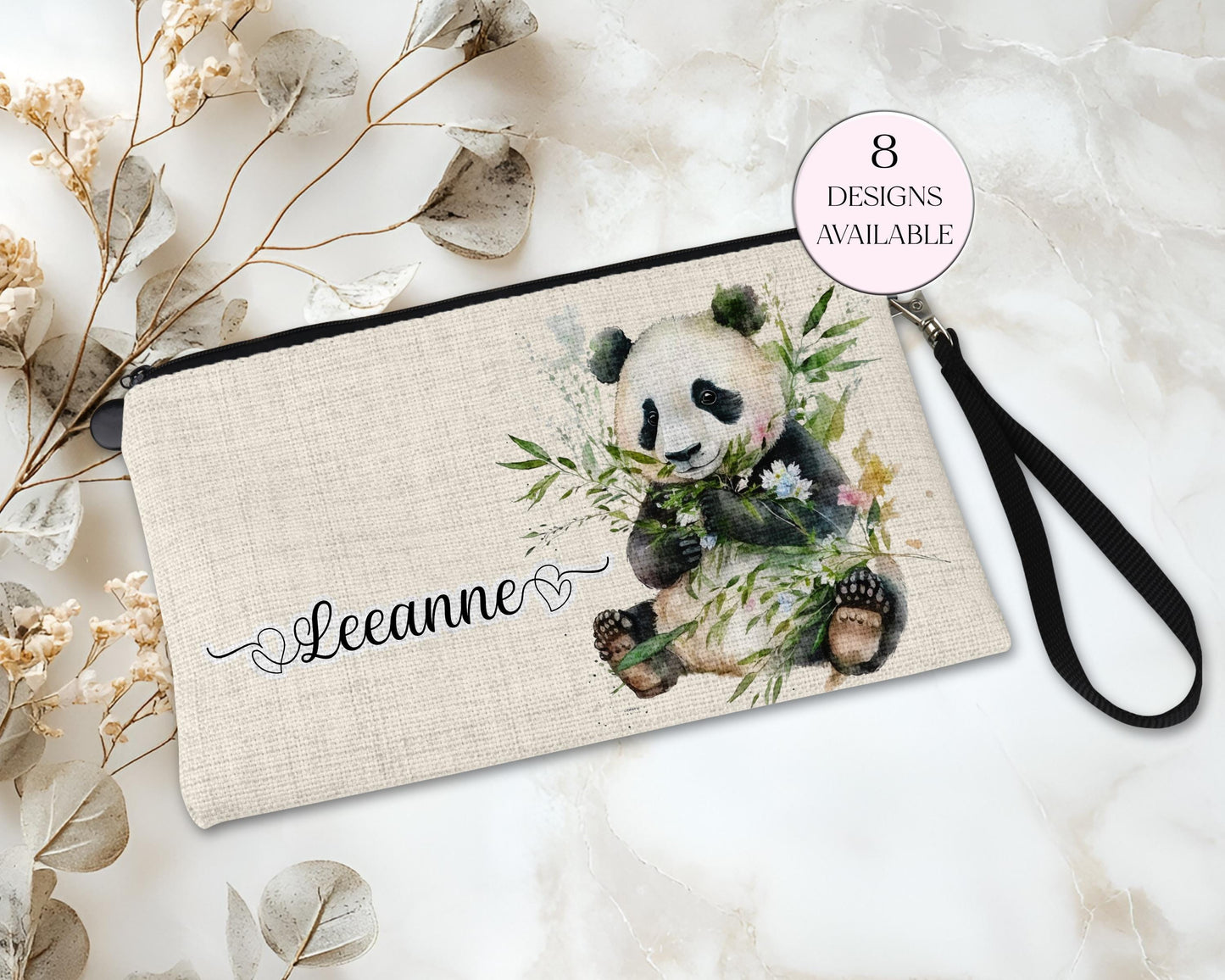 Personalised Panda Bear Makeup Bag – Custom Linen Pouch with Strap