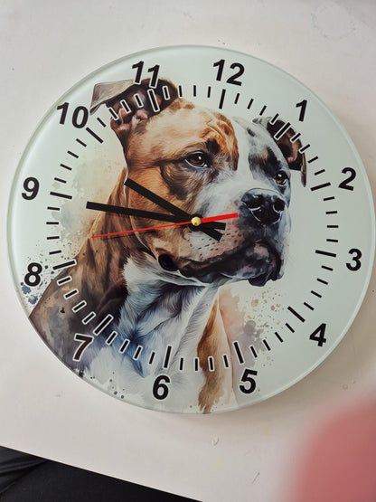 Glass Staffordshire Bull Terrier Wall Clock | Watercolour | Dog Lover Gift