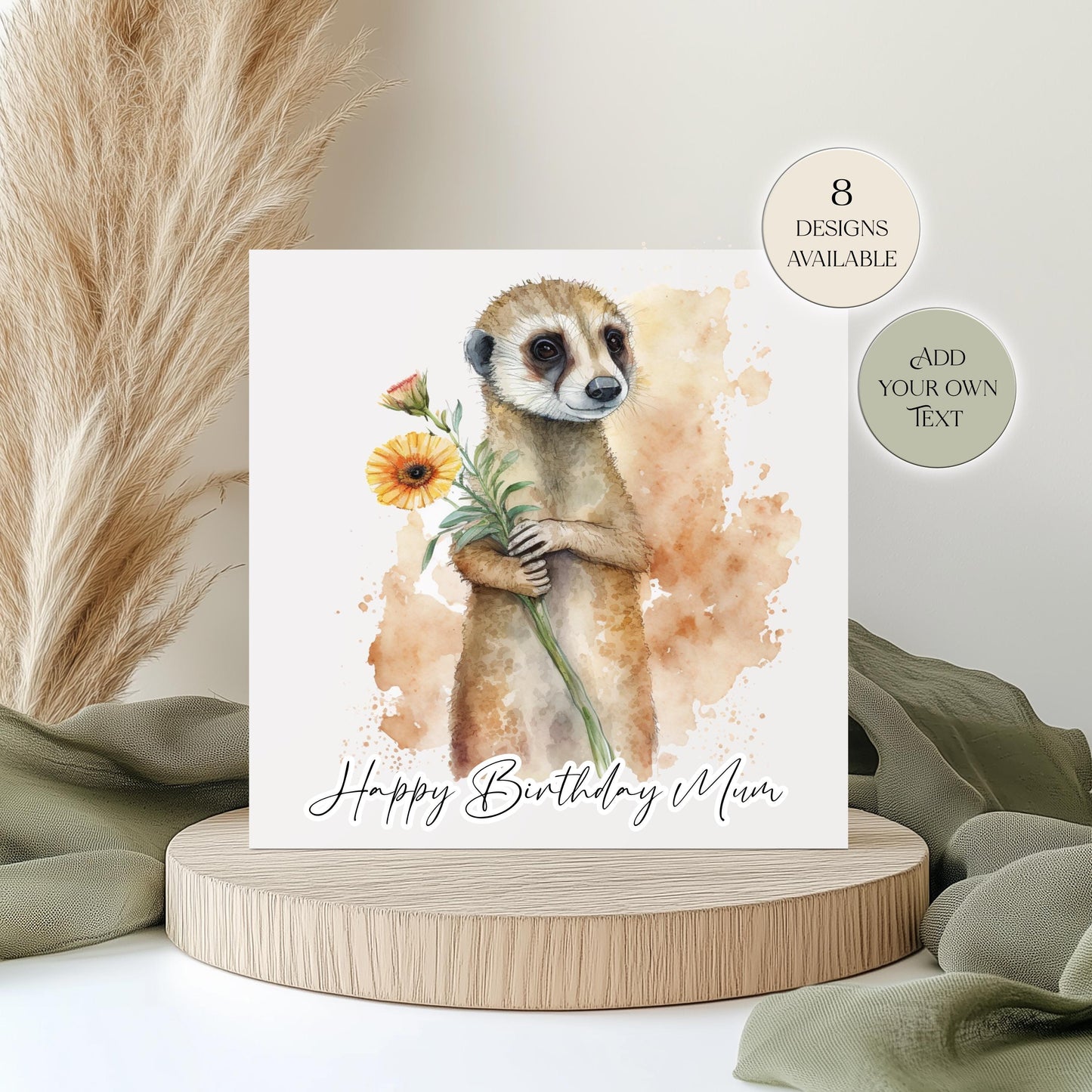 Personalised Meerkat Birthday Card – Cute Floral Greeting Card