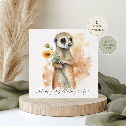 Personalised Meerkat Birthday Card – Cute Floral Greeting Card