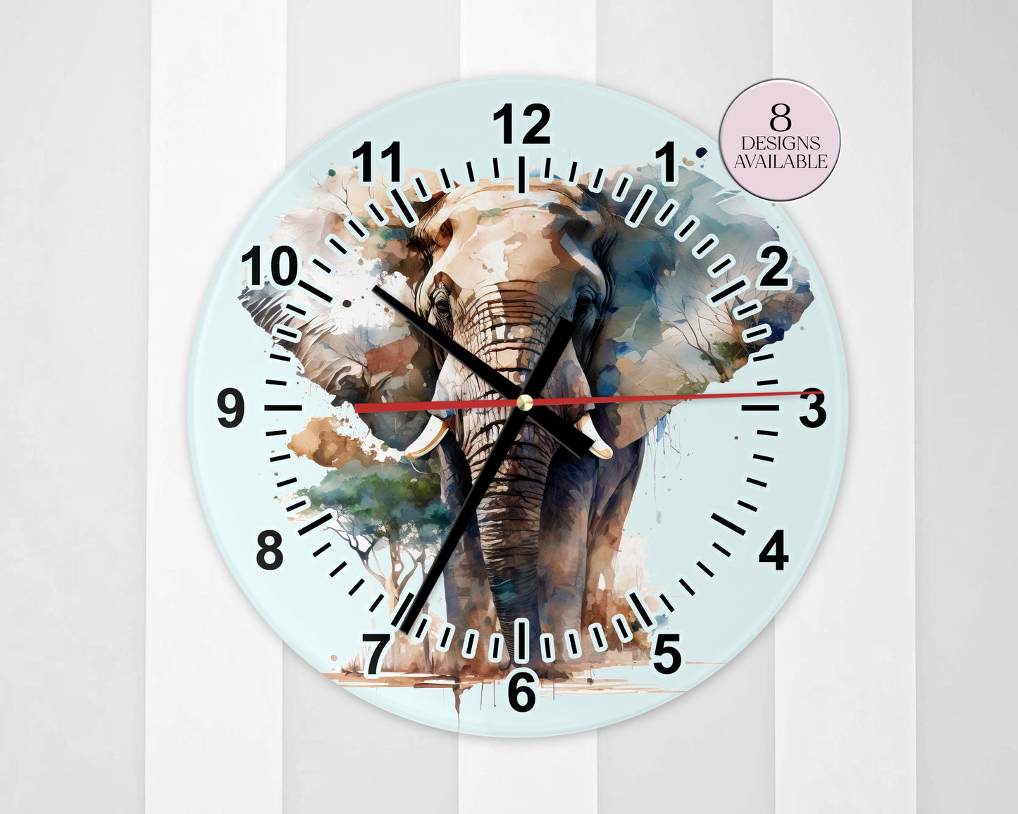 Watercolour Elephant Wall Clock | Glass  | Elephant Lover Gift
