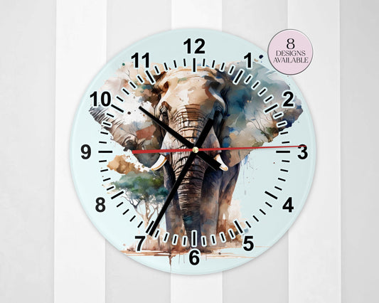 Watercolour Elephant Wall Clock | Glass  | Elephant Lover Gift