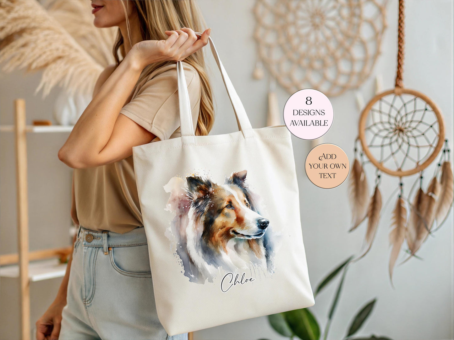 Personalised Watercolour Rough Collie Tote Bag | Custom Dog Lover Gift | Long Handle Shopper
