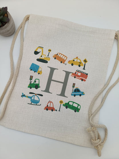Personalised Cars & Transport Drawstring Bag | Kids School PE Bag | Custom Name Boy Gift