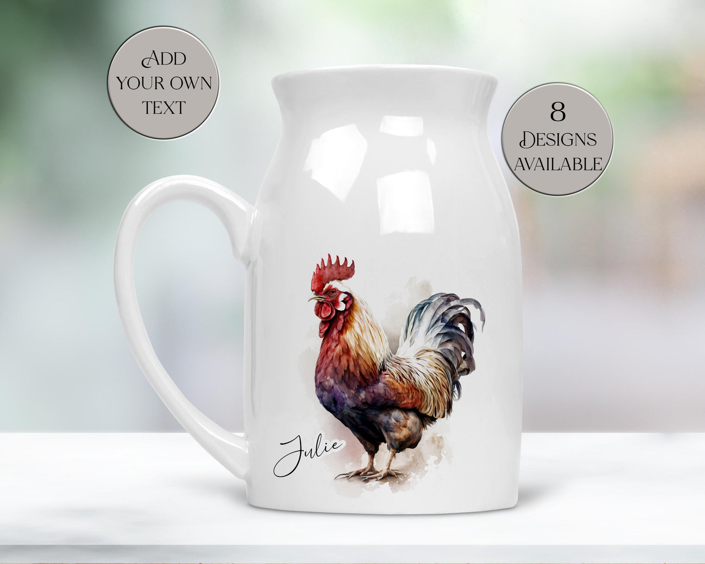 Personalised Cockerel Milk Jug – Watercolour Rooster Ceramic Flower Vase