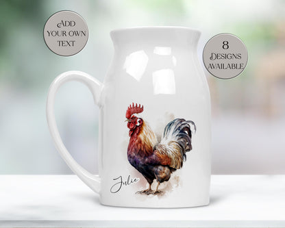 Personalised Cockerel Milk Jug – Watercolour Rooster Ceramic Flower Vase