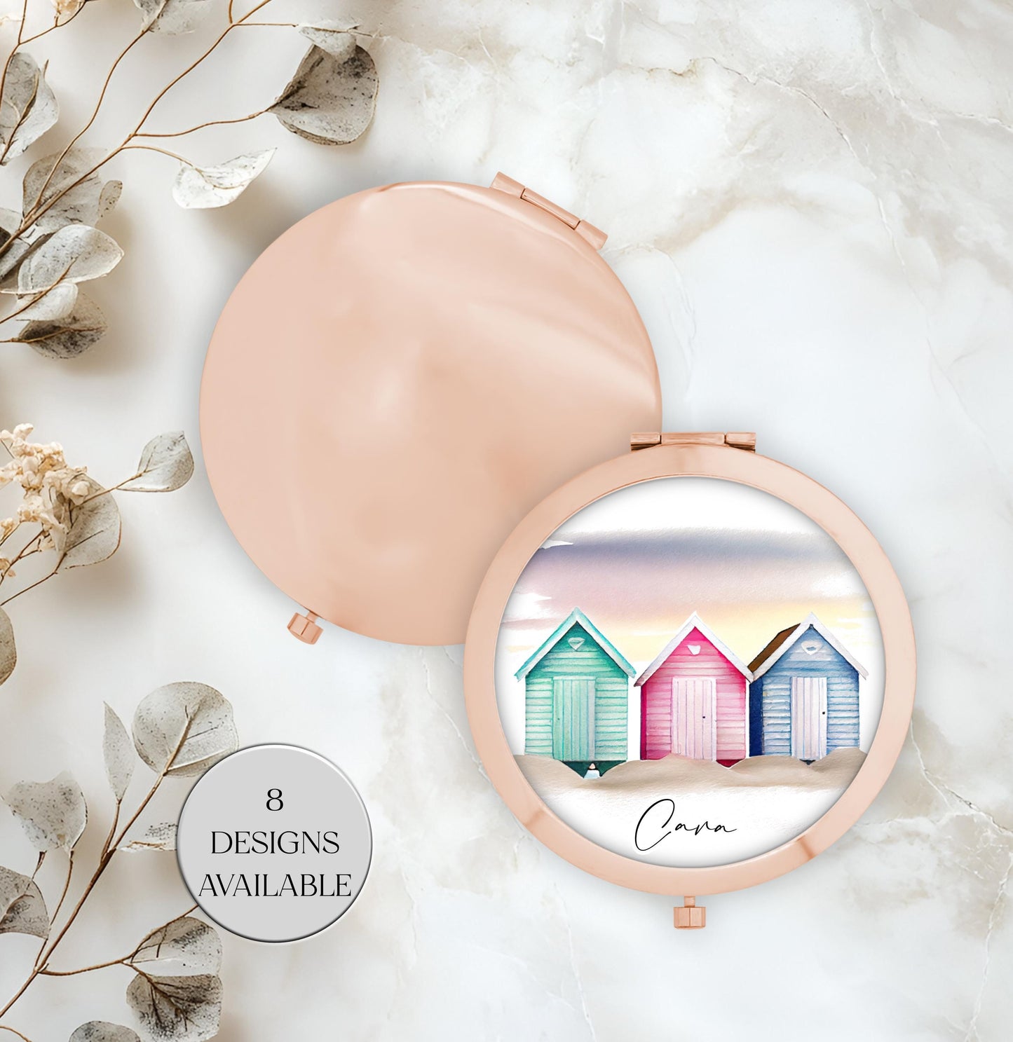 Personalised Beach Hut Compact Mirror | Rose Gold or Yellow Gold | Custom Gift for Her
