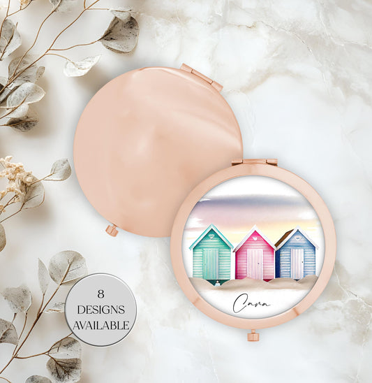 Personalised Beach Hut Compact Mirror | Rose Gold or Yellow Gold | Custom Gift for Her