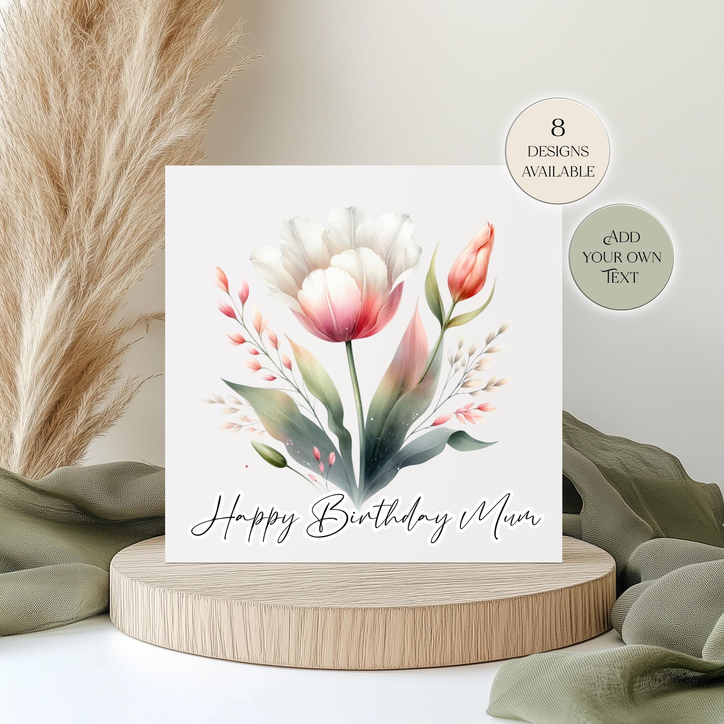 Personalised Tulip Birthday Card – Watercolour Floral Greeting Card