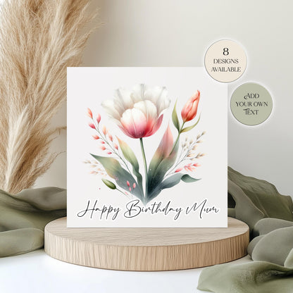 Personalised Tulip Birthday Card – Watercolour Floral Greeting Card