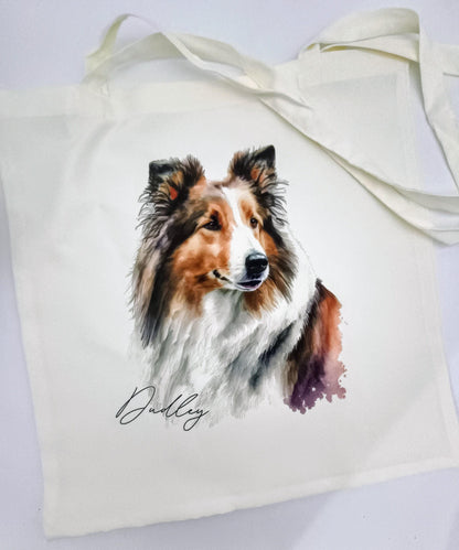 Personalised Watercolour Rough Collie Tote Bag | Custom Dog Lover Gift | Long Handle Shopper