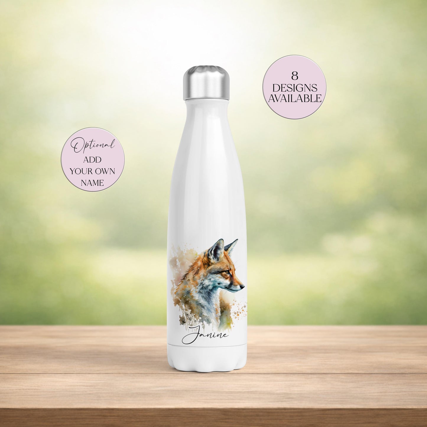 Personalised Fox Water Bottle – Insulated Stainless Steel Flask, Fox Lover Gift