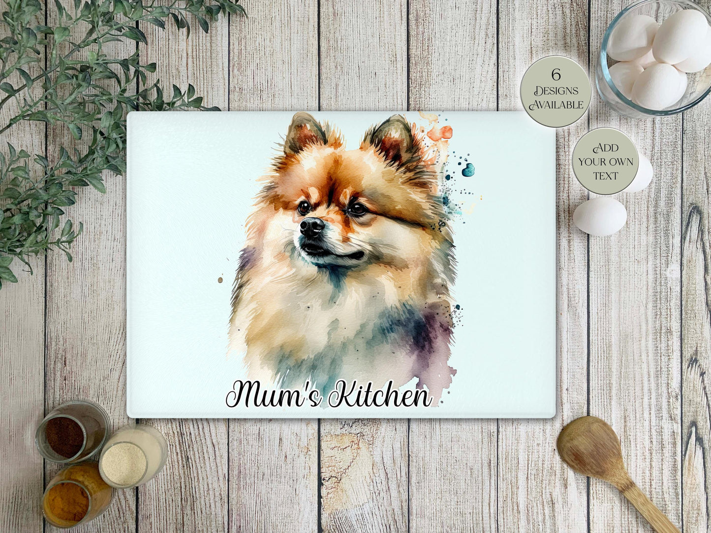 Personalised Pomeranian Glass Chopping Board – Watercolour Dog Kitchen Gift
