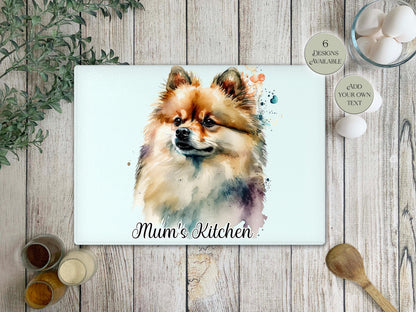 Personalised Pomeranian Glass Chopping Board – Watercolour Dog Kitchen Gift