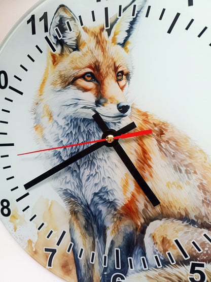 Personalised Watercolour Fox Glass Wall Clock | Woodland Home Décor | Unique Gift for Fox Lovers