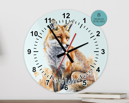 Personalised Watercolour Fox Glass Wall Clock | Woodland Home Décor | Unique Gift for Fox Lovers