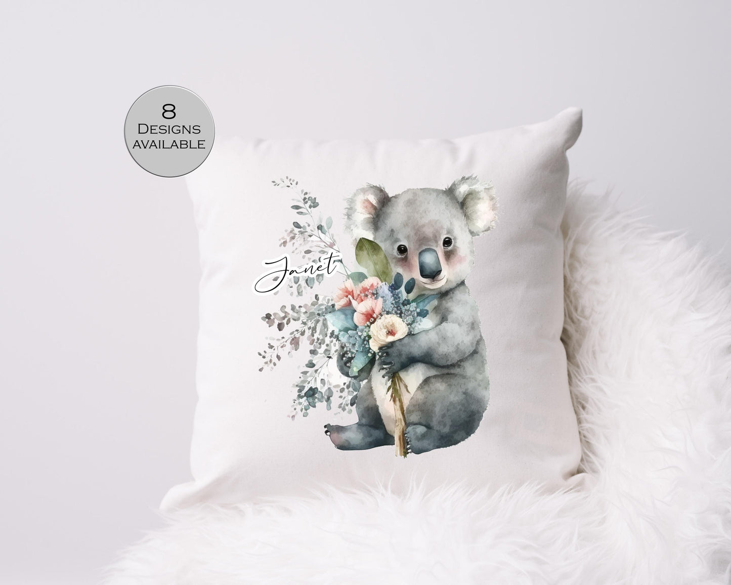 Personalised Watercolour Floral Koala Bear Cushion | Custom Animal Gift | Koala Lover Pillow