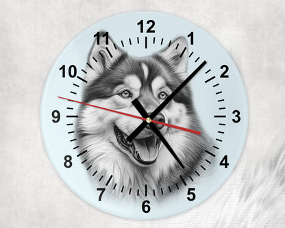 Alaskan Malamute Glass Wall Clock – 20cm & 30cm | Dog Lover Home Décor Gift