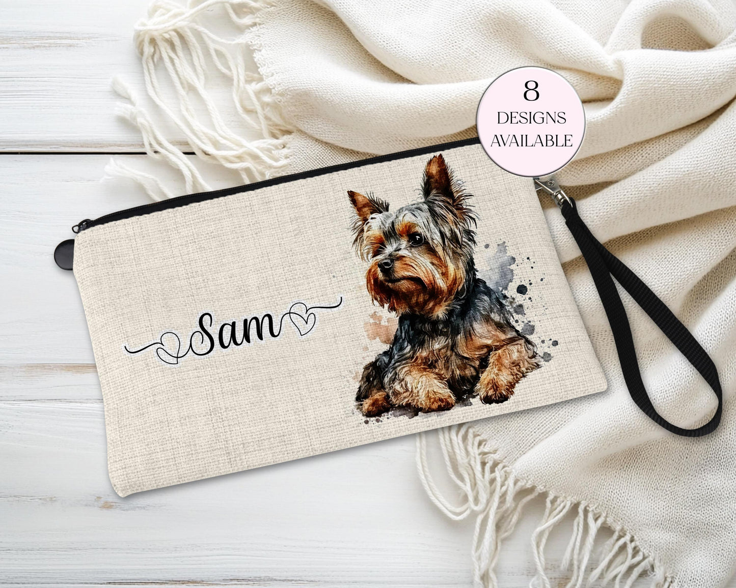 Personalised Yorkshire Terrier Makeup Bag – Custom Linen Pouch with Strap