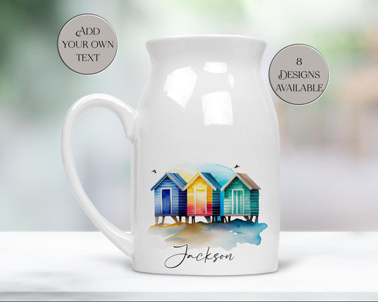 Personalised Watercolour Beach Hut Milk Jug | Flower Vase | Coastal Home Décor Gift