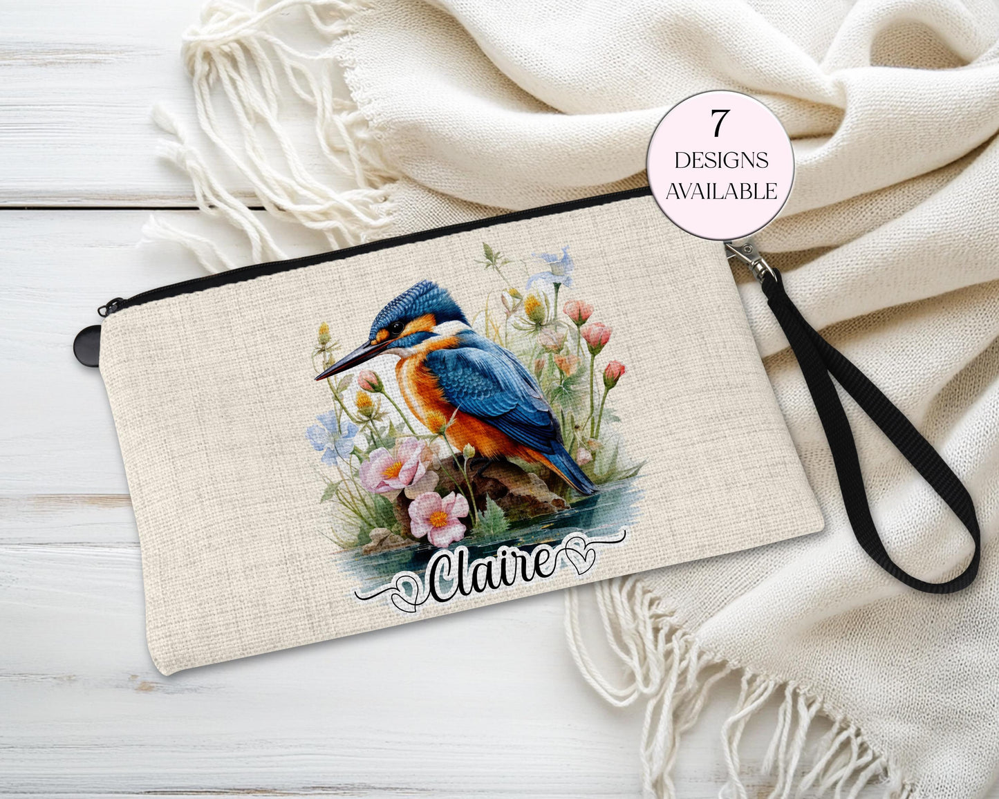 Personalised Kingfisher Makeup Bag – Custom Linen Pouch with Strap