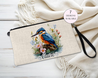 Personalised Kingfisher Makeup Bag – Custom Linen Pouch with Strap
