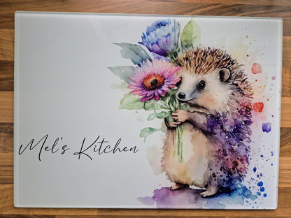 Personalised Hedgehog Glass Chopping Board - Custom Cheese Platter - Housewarming - Kitchenware - Home Décor