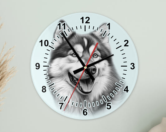 Alaskan Malamute Glass Wall Clock – 20cm & 30cm | Dog Lover Home Décor Gift