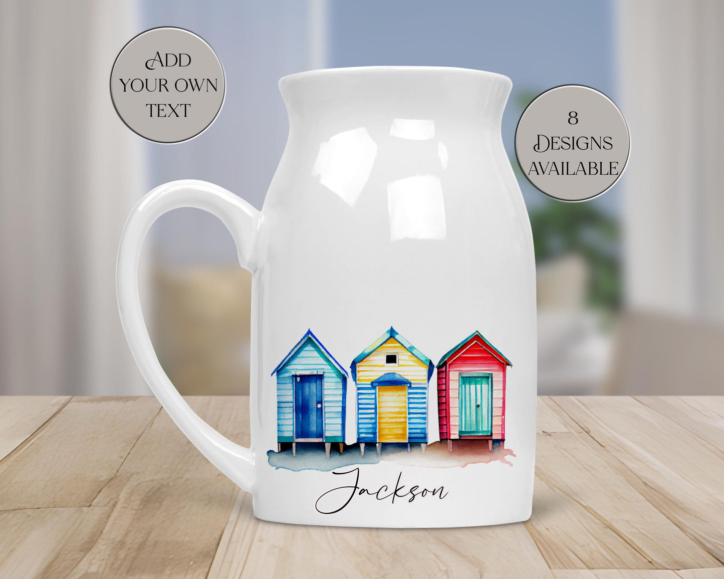 Personalised Watercolour Beach Hut Milk Jug | Flower Vase | Coastal Home Décor Gift